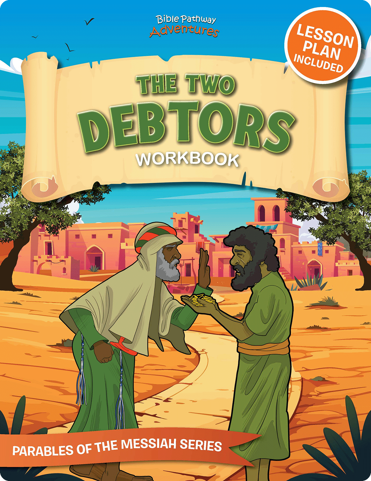 Workbook cover titled 'The Two Debtors' with two men shaking hands in a desert setting, part of the Parables of the Messiah series.