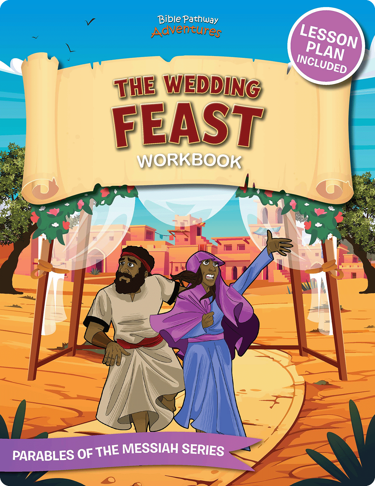 Cover of 'The Wedding Feast Workbook' with characters and a cityscape illustration, featuring Bible Pathway Adventures branding.