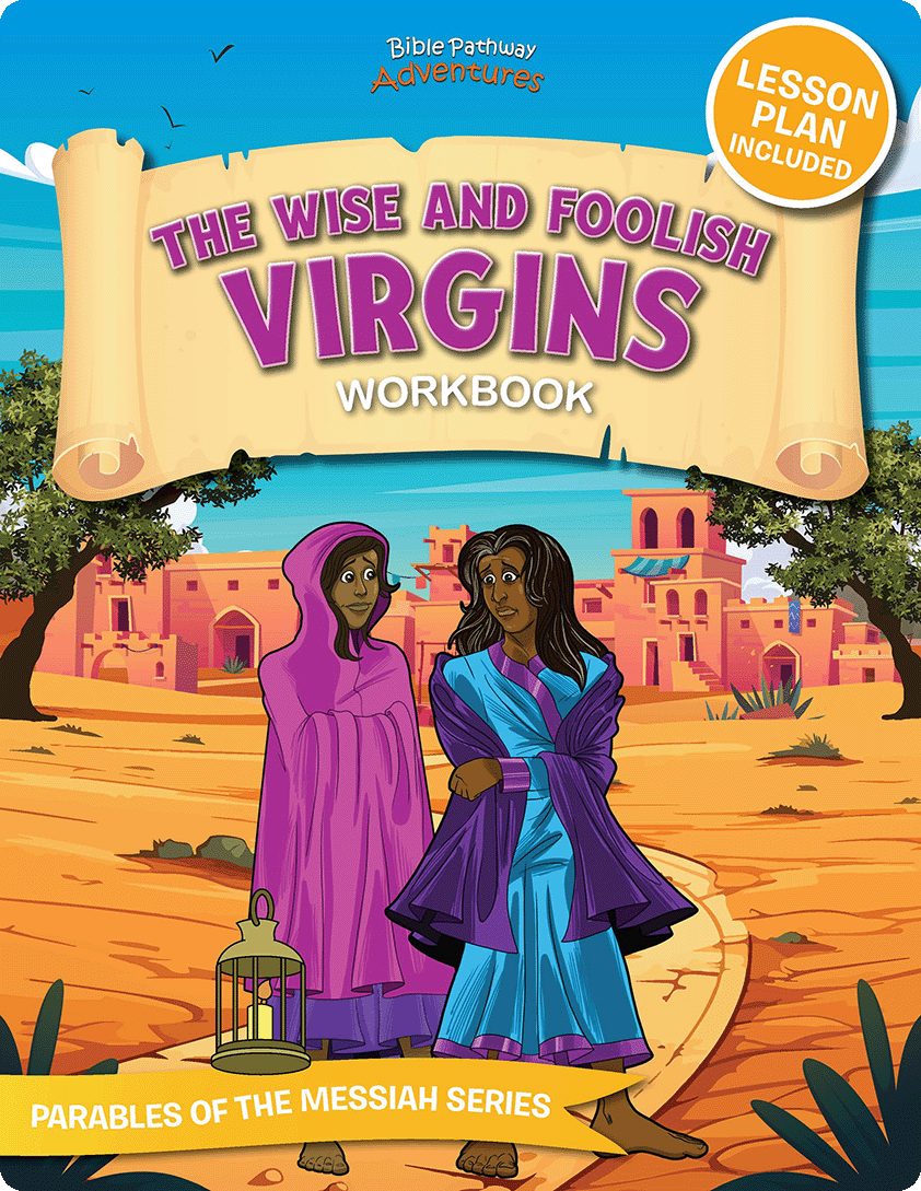 Cover of 'The Wise and Foolish Virgins' workbook with two women walking on a path, lesson plan included.