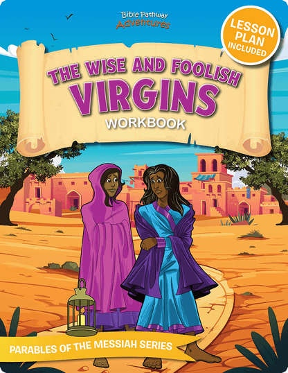 Cover of 'The Wise and Foolish Virgins' workbook with two women walking on a path, lesson plan included.