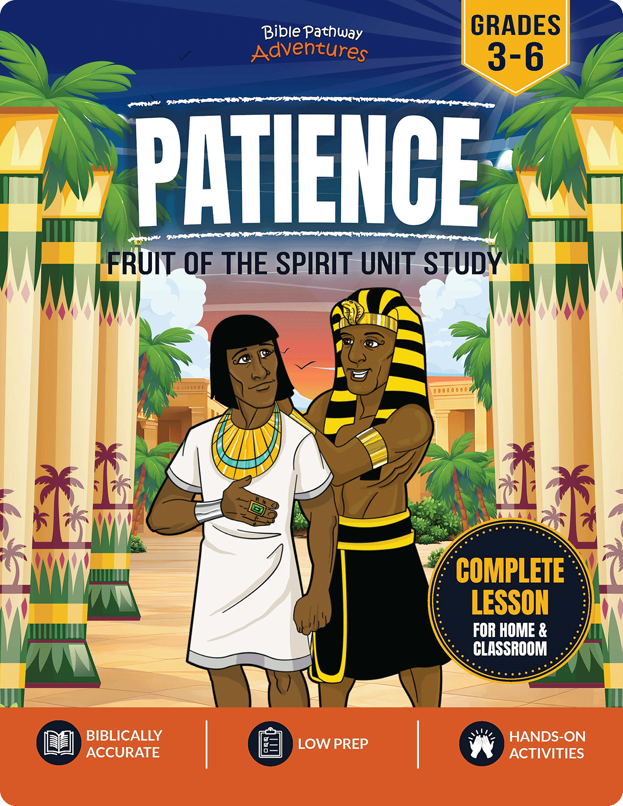 Cover of 'Patience Workbook' from the Fruit of the Spirit series with two characters and palm trees in the background.