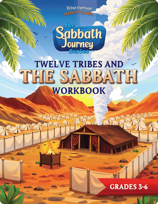 Book cover of 'Twelve Tribes and the Sabbath Workbook' from the Sabbath Journey Series with a desert scene and tents.
