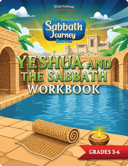 Cover of 'Yeshua and the Sabbath Workbook' from the Sabbath Journey Series with a temple and pool illustration.