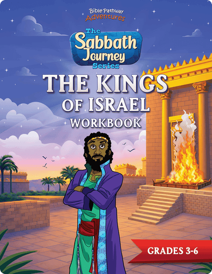 Workbook cover for 'The Kings of Israel' with a character and temple illustration, suitable for grades 3-6.