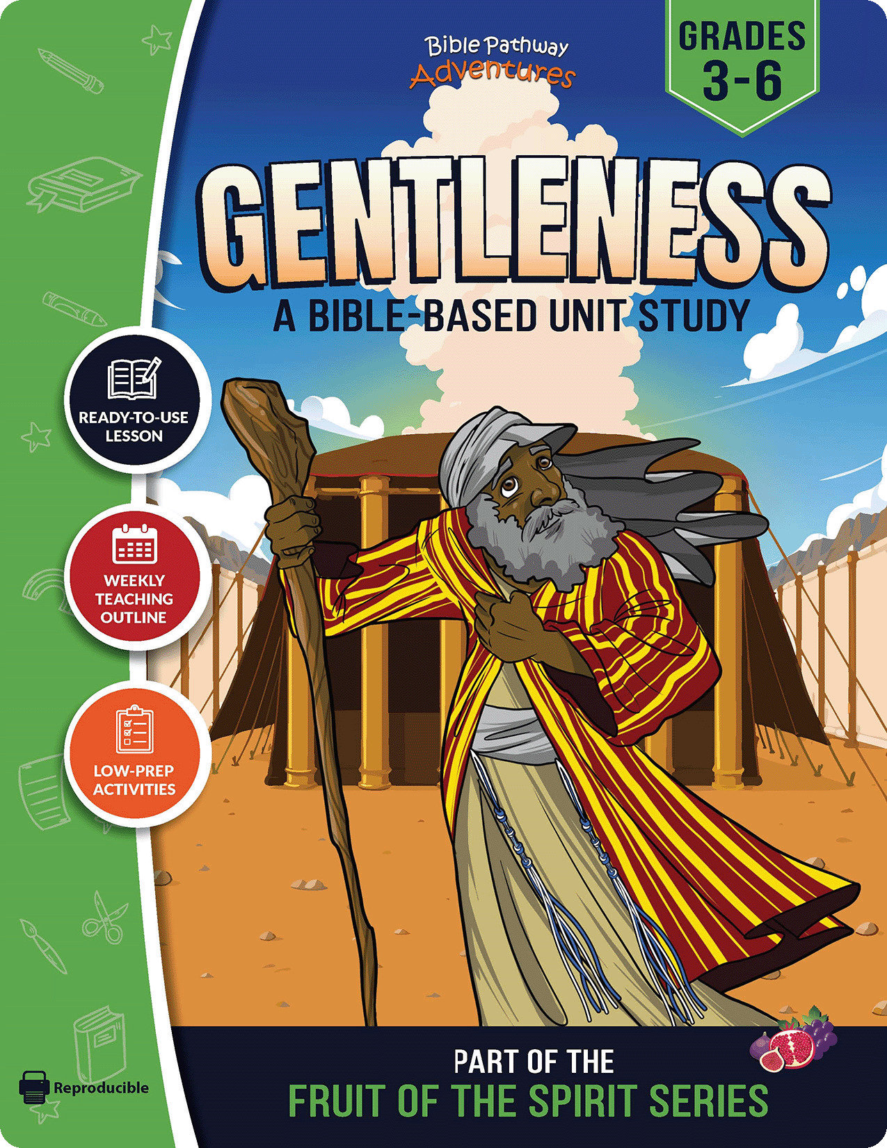 Book cover of 'Gentleness' Bible study for grades 3-6 with a character holding a staff and wearing a robe.