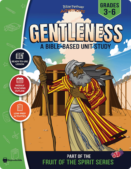 Book cover of 'Gentleness' Bible study for grades 3-6 with a character holding a staff and wearing a robe.