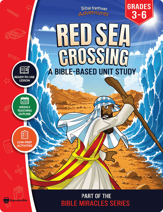 Book cover of 'Red Sea Crossing' Bible study for grades 3-6 with Moses and the Red Sea illustration.
