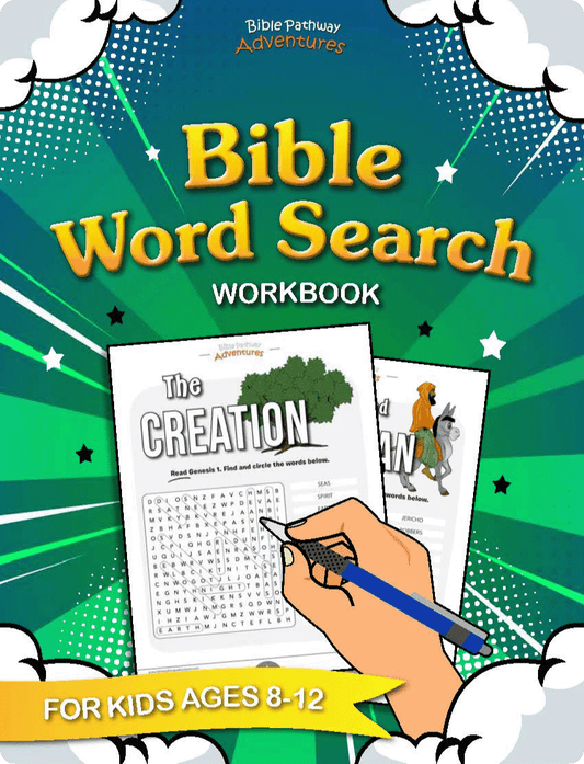 Bible Word Search Workbook cover with a hand holding a pen over a worksheet, on a green and blue background.
