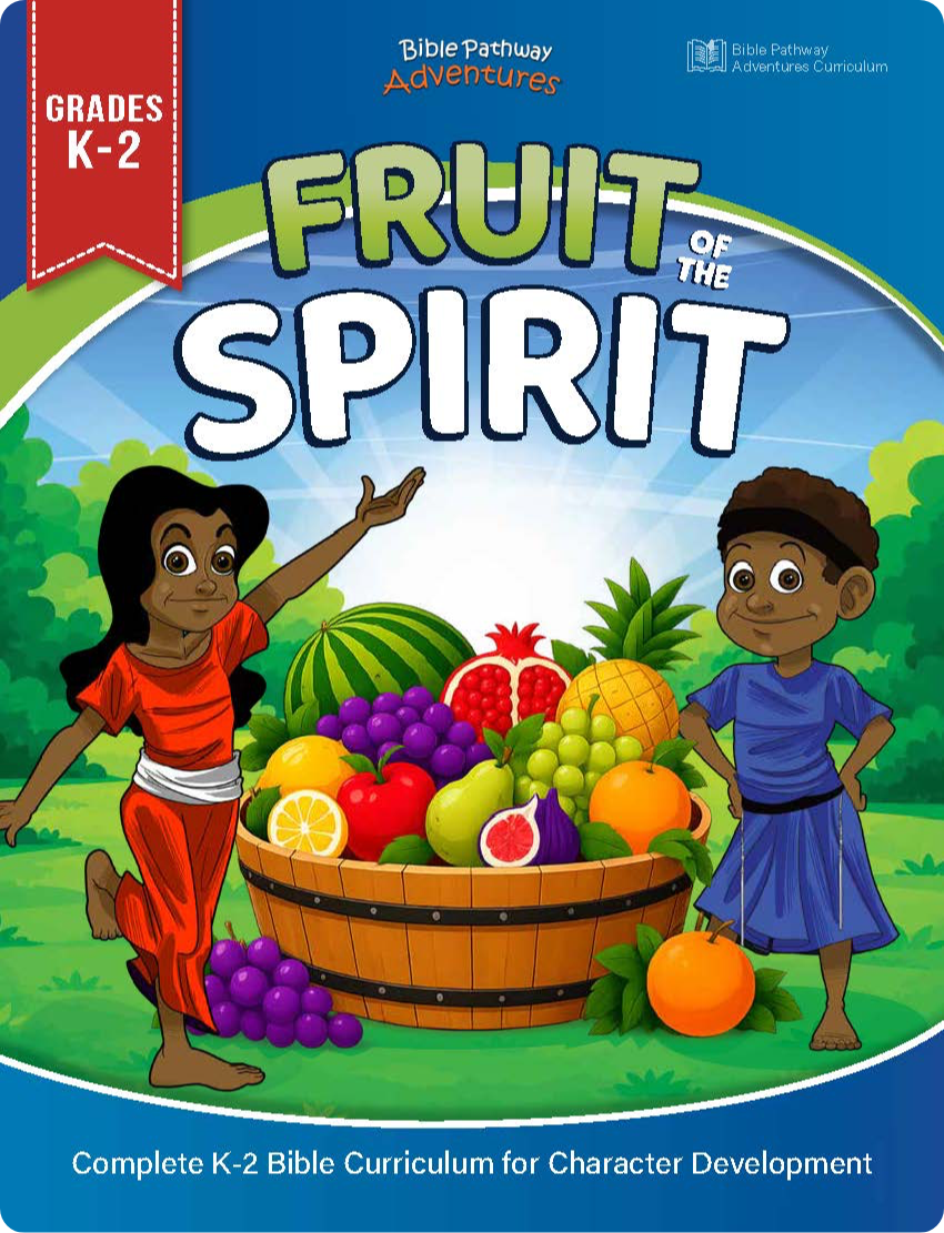 Front cover of a children's Bible curriculum titled 'Fruit of the Spirit' for grades K-2. The cover features colorful cartoon children standing beside a large basket filled with fruits and vegetables, with the Bible Pathway Adventures logo at the top and text indicating it is complete K-2 Bible curriculum for character development.