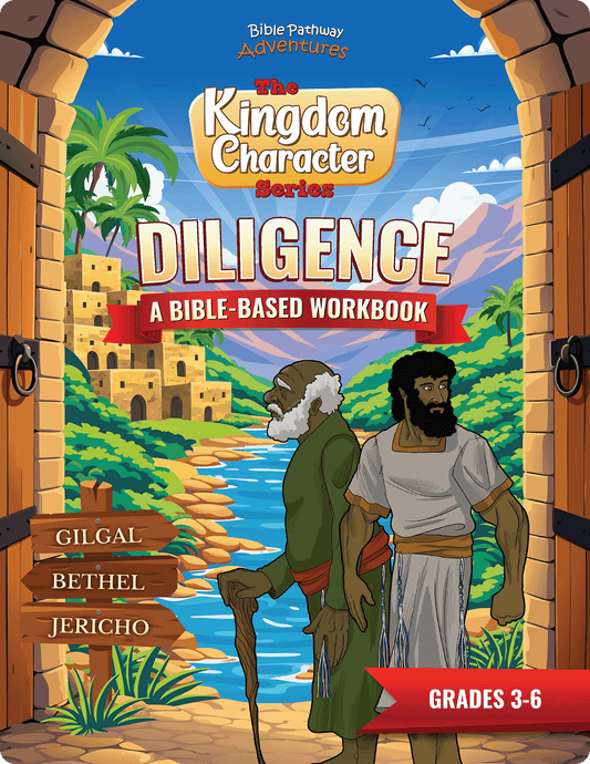 Cover of a Bible-based workbook titled 'Diligence' from the Kingdom Character Series, featuring two characters and a scenic background.