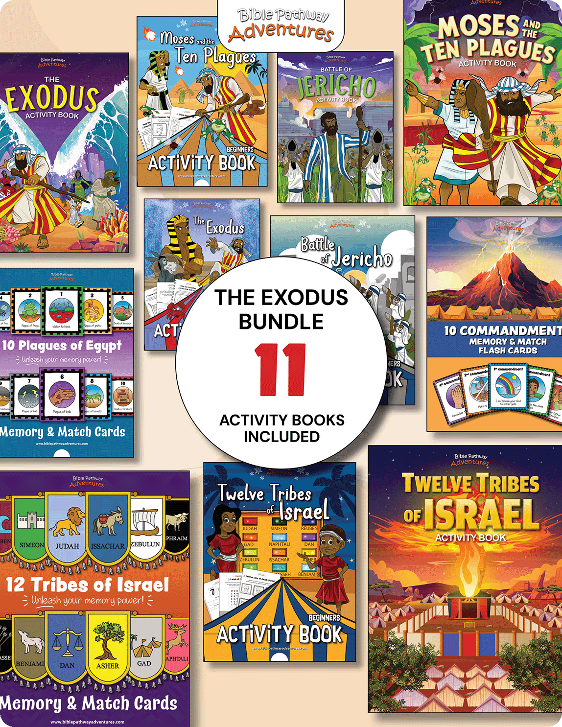Collection of Exodus-themed activity books and flash cards on a beige background