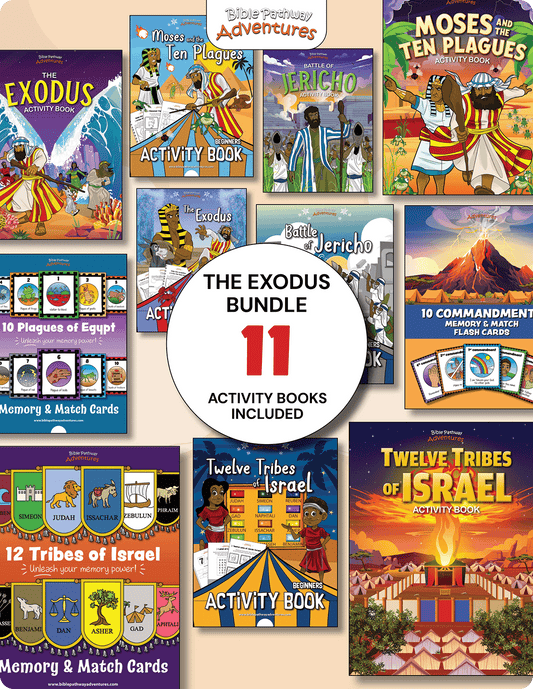 Collection of Exodus-themed activity books and flash cards on a beige background