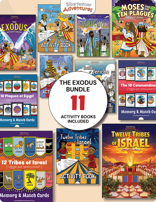 Collection of Exodus-themed educational activity books on a beige background