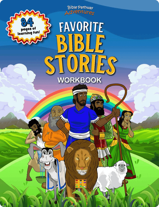 Cover of 'Favorite Bible Stories Workbook' with colorful illustration of characters and rainbow.