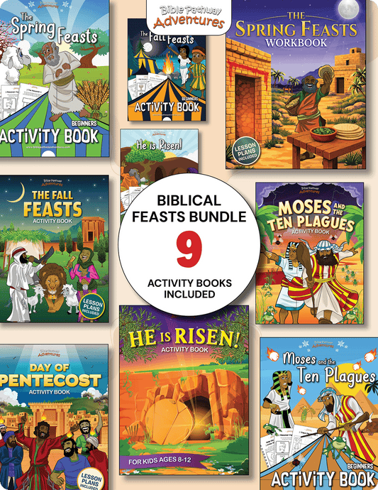 Collection of activity books on a beige background with 'Biblical Feasts Bundle' text.