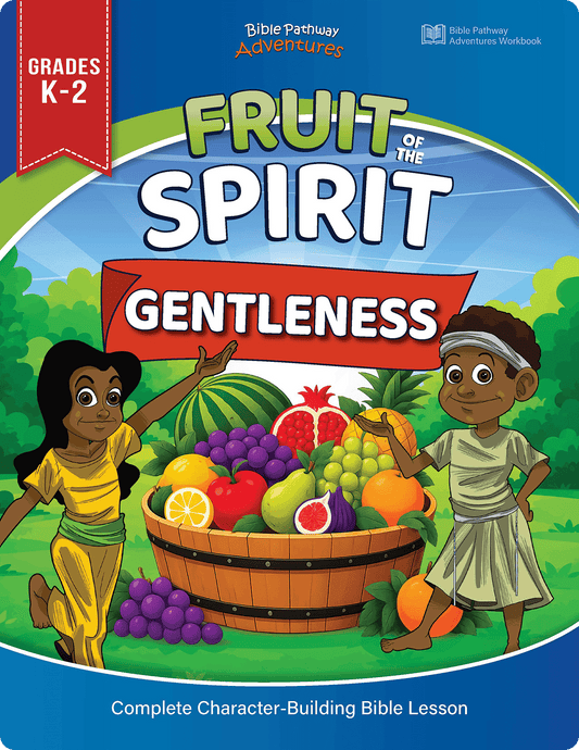 Front cover of the Bible Pathway Adventures 'Fruit of the Spirit: Gentleness' workbook for grades K-2, featuring colorful cartoon children and a basket of fruits on a blue and green illustrated background.