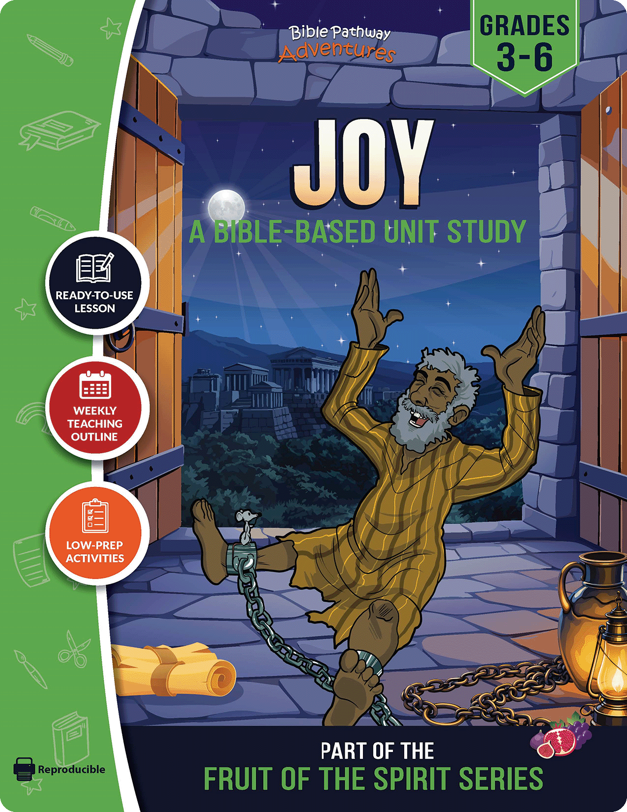 Book cover of 'Joy' Fruit of the Spirit Unit Study with a character unlocking a door illustration.