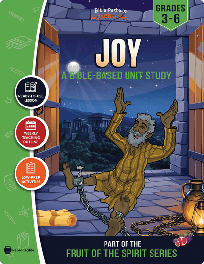 Book cover of 'Joy' Fruit of the Spirit Unit Study with a character unlocking a door illustration.