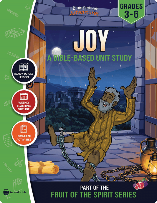 Book cover of 'Joy' Fruit of the Spirit Unit Study with a character unlocking a door illustration.