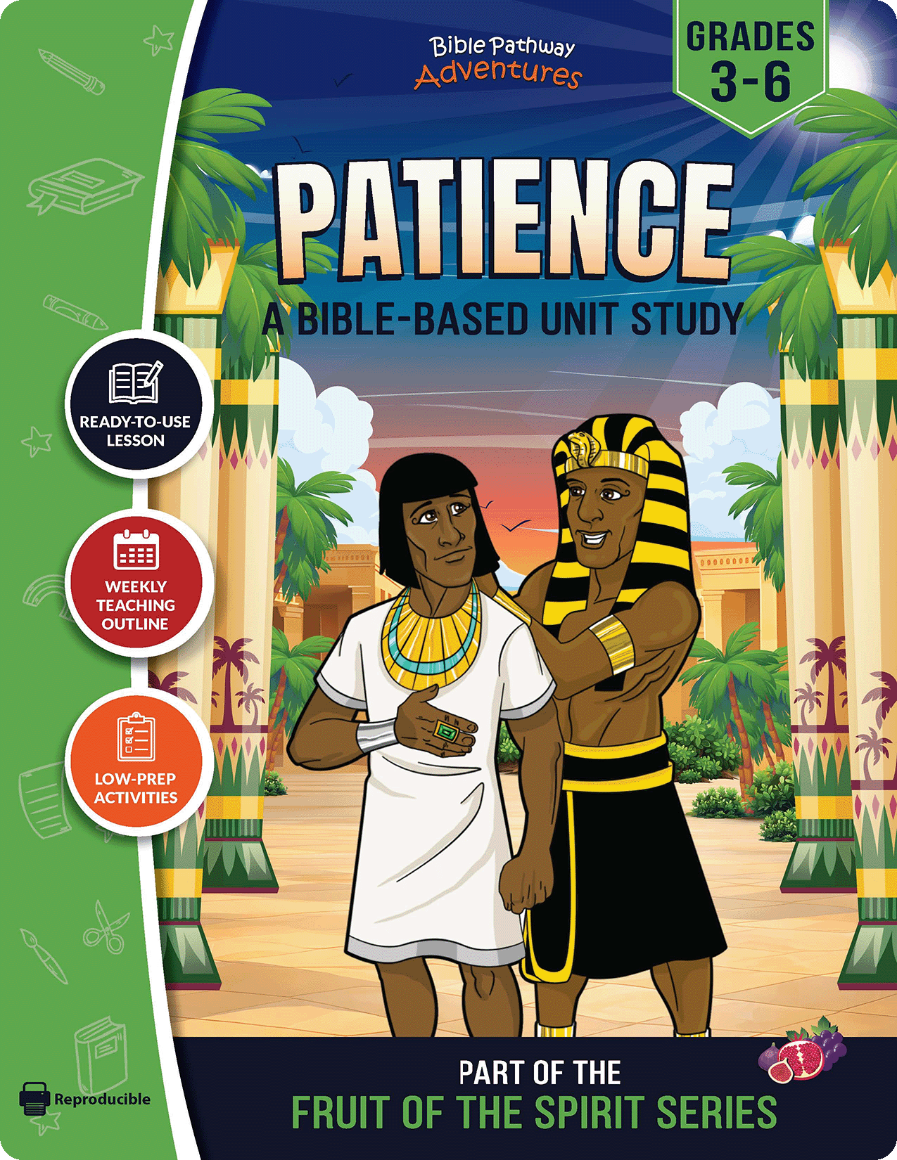Book cover of 'Patience' from Bible Pathway Adventures with two characters in Egyptian attire and palm trees.