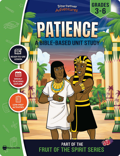 Book cover of 'Patience' from Bible Pathway Adventures with two characters in Egyptian attire and palm trees.