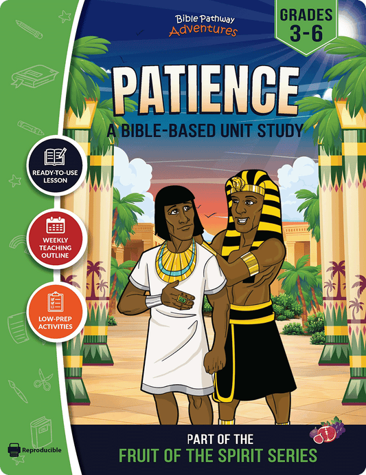 Book cover of 'Patience' from Bible Pathway Adventures with two characters in Egyptian attire and palm trees.