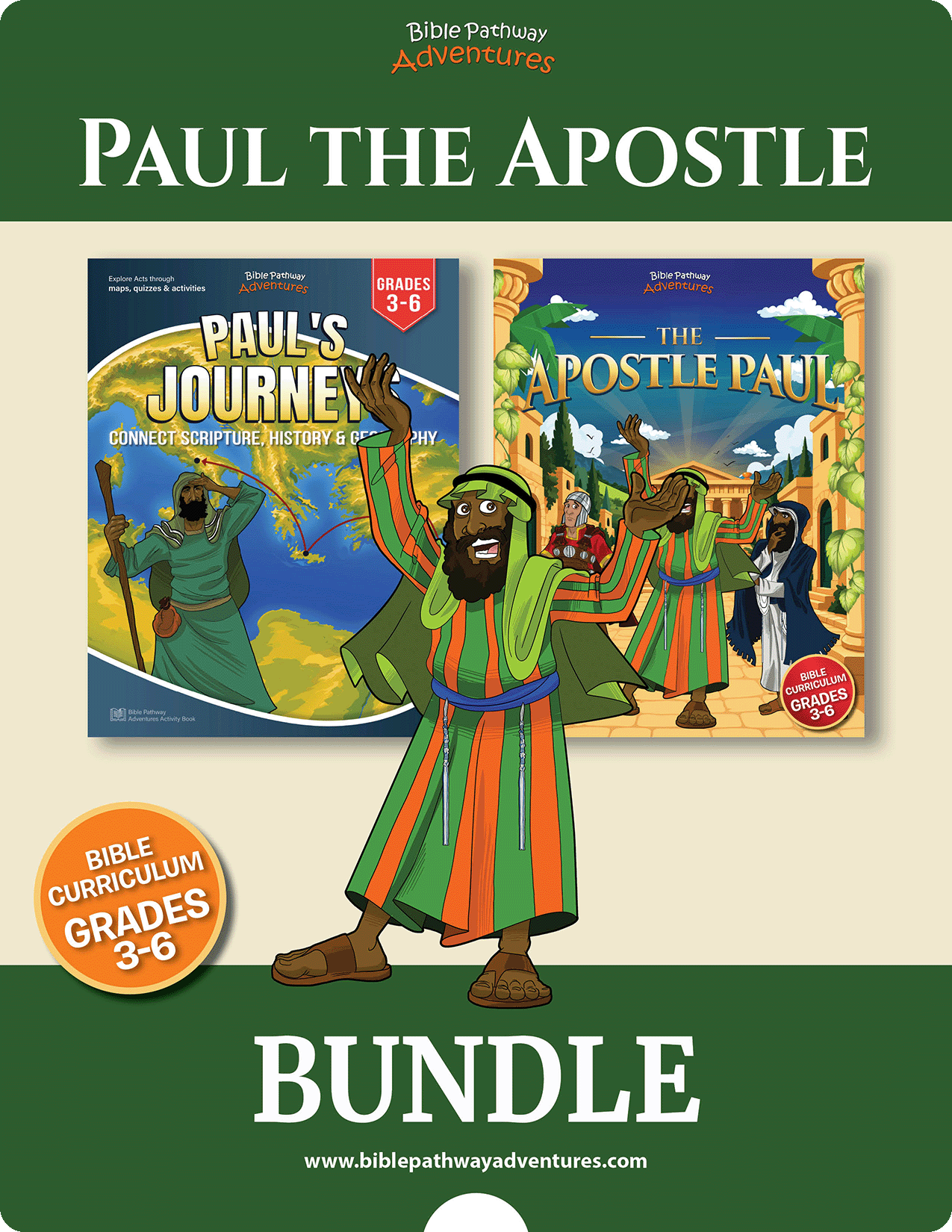 Bible curriculum bundle cover for 'Paul the Apostle' from Bible Pathway Adventures, showing two book covers and an illustrated figure of Paul in a green and orange robe on a beige background with dark green borders.