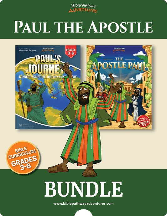 Bible curriculum bundle cover for 'Paul the Apostle' from Bible Pathway Adventures, showing two book covers and an illustrated figure of Paul in a green and orange robe on a beige background with dark green borders.