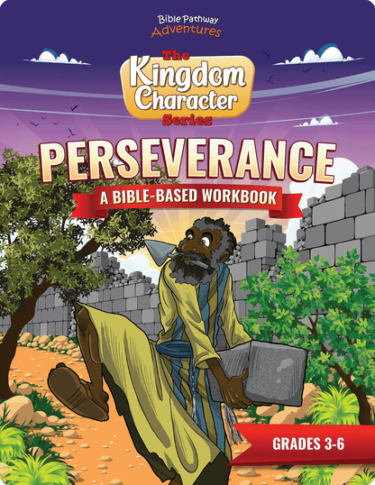 Workbook cover titled 'Perseverance' from the Kingdom Character Series with a character holding a tablet on a desert path.