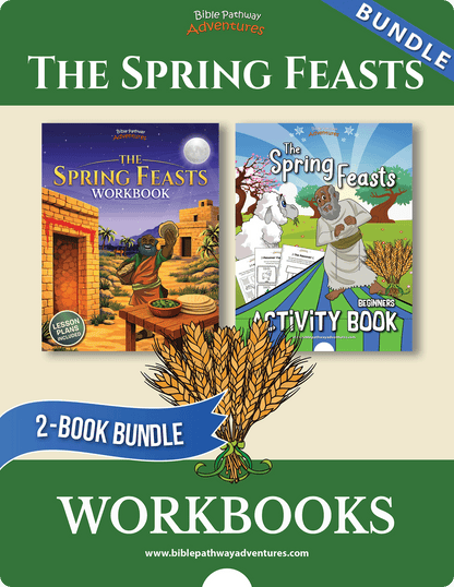 Cover of 'The Spring Feasts' workbooks with activity book on a green background