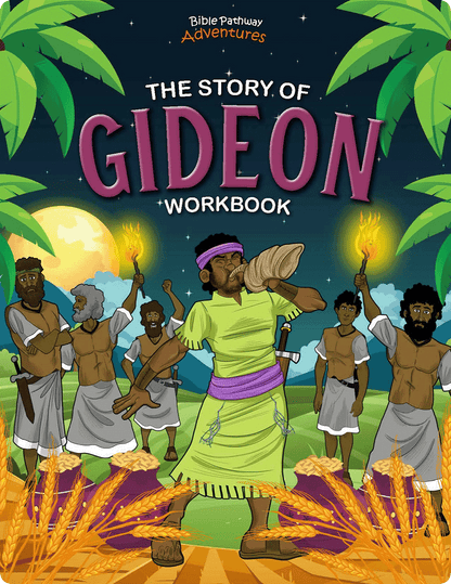 Cover of 'The Story of Gideon Workbook' with characters and a moonlit sky.