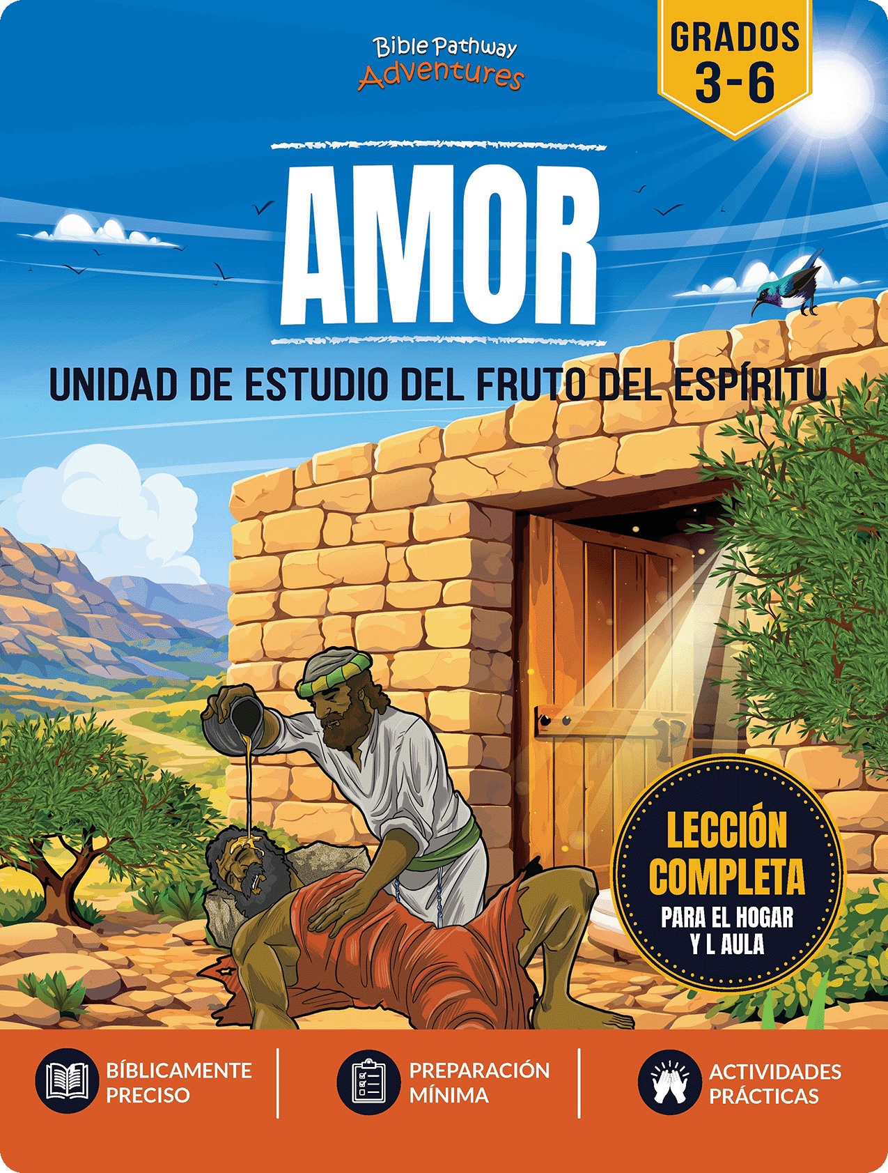 Book cover of 'AMOR' Fruto del Espiritu: with a biblical scene and text about study unit and lessons.