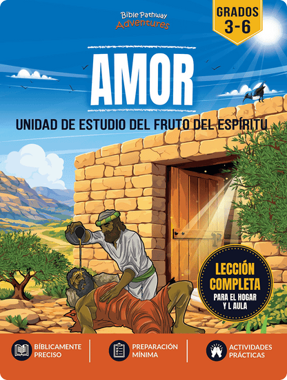 Book cover of 'AMOR' Fruto del Espiritu: with a biblical scene and text about study unit and lessons.