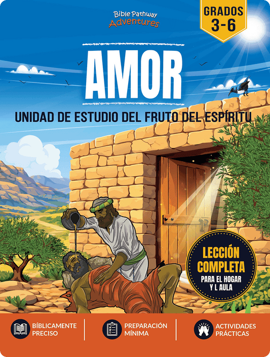 Book cover of 'AMOR' Fruto del Espiritu: with a biblical scene and text about study unit and lessons.