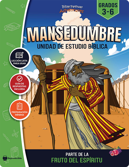 Book cover of 'Mansedumbre' with a character in biblical attire and colorful design.