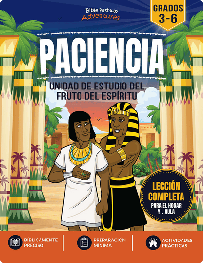 Book cover with two characters in a desert setting, titled 'Paciencia' from Biblia Pathway Adventures.