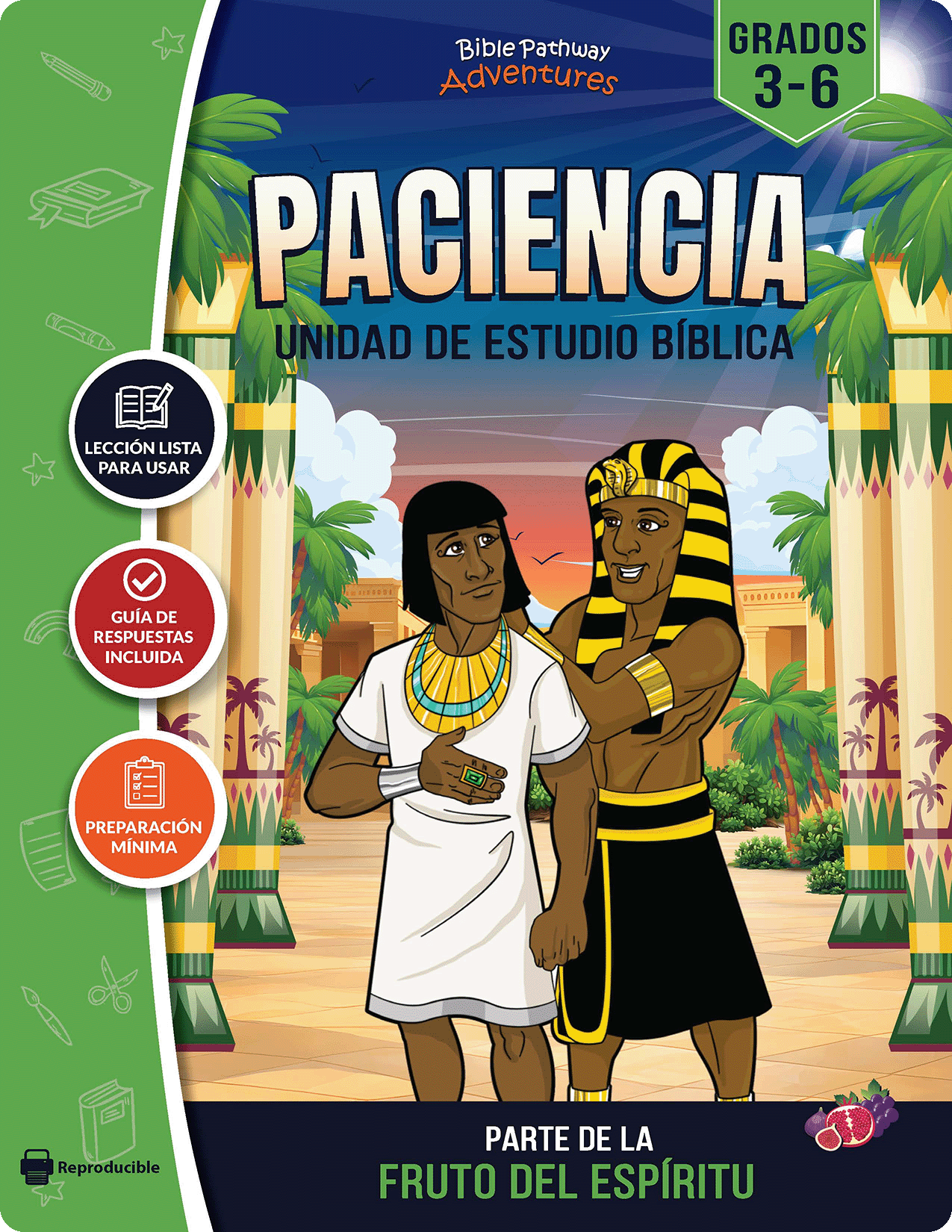Book cover of 'Paciencia' with two characters in an Egyptian setting, colorful design.