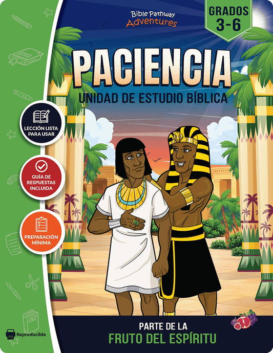Book cover of 'Paciencia' with two characters in an Egyptian setting, colorful design.