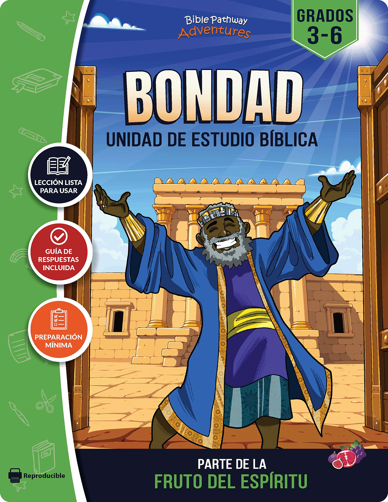 Book cover of 'Biblia Pathway Adventures' with a character in a blue robe against a temple background