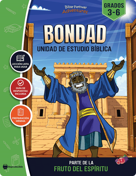 Book cover of 'Biblia Pathway Adventures' with a character in a blue robe against a temple background
