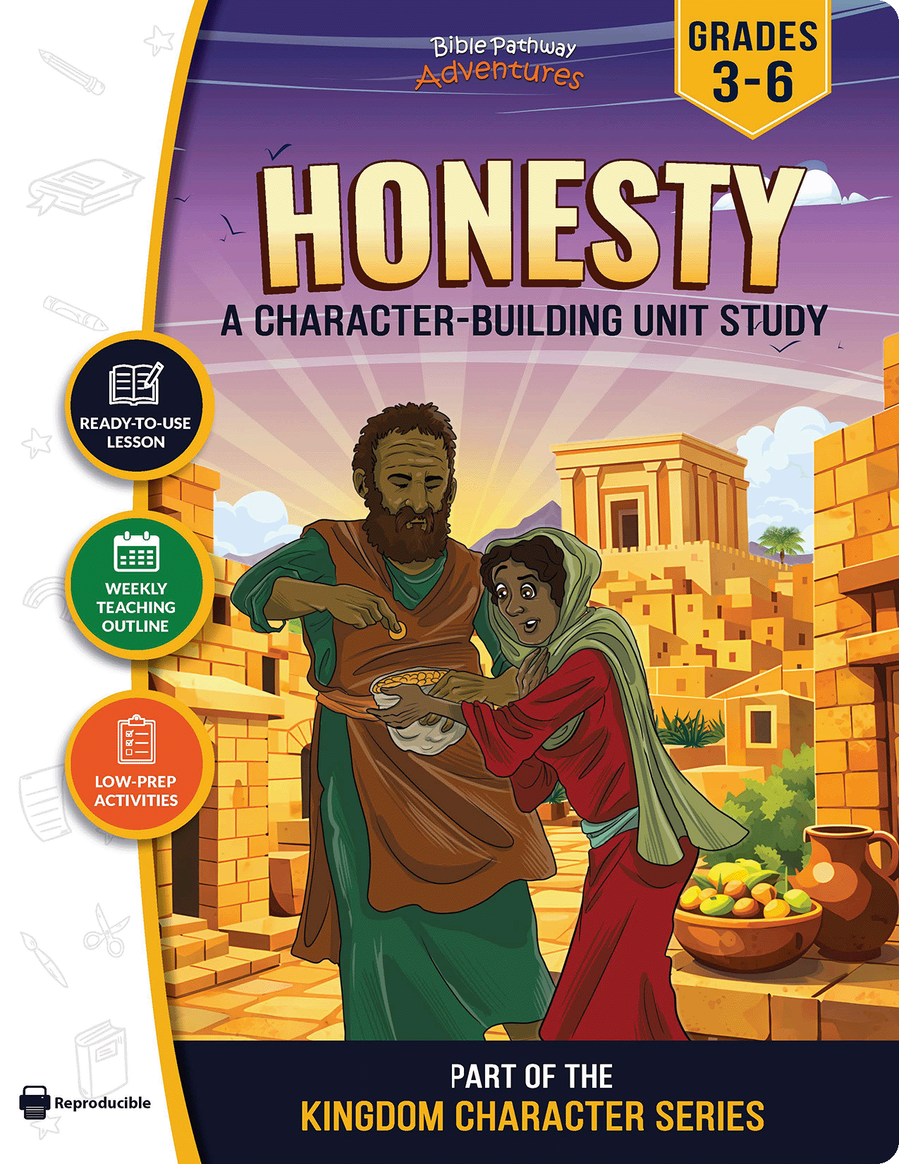 Book cover of 'Honesty' character-building unit study for grades 3-6, featuring two characters and a cityscape.