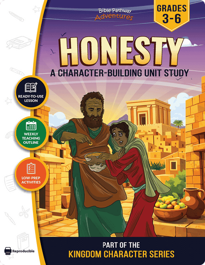 Book cover of 'Honesty' character-building unit study for grades 3-6, featuring two characters and a cityscape.
