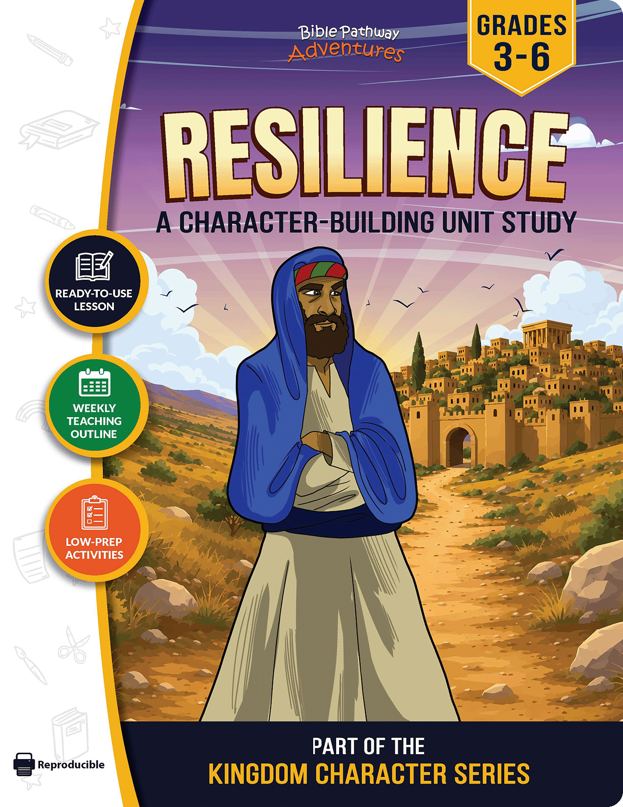 Book cover of 'Resilience' character-building unit study for grades 3-6, featuring a character in a desert landscape.