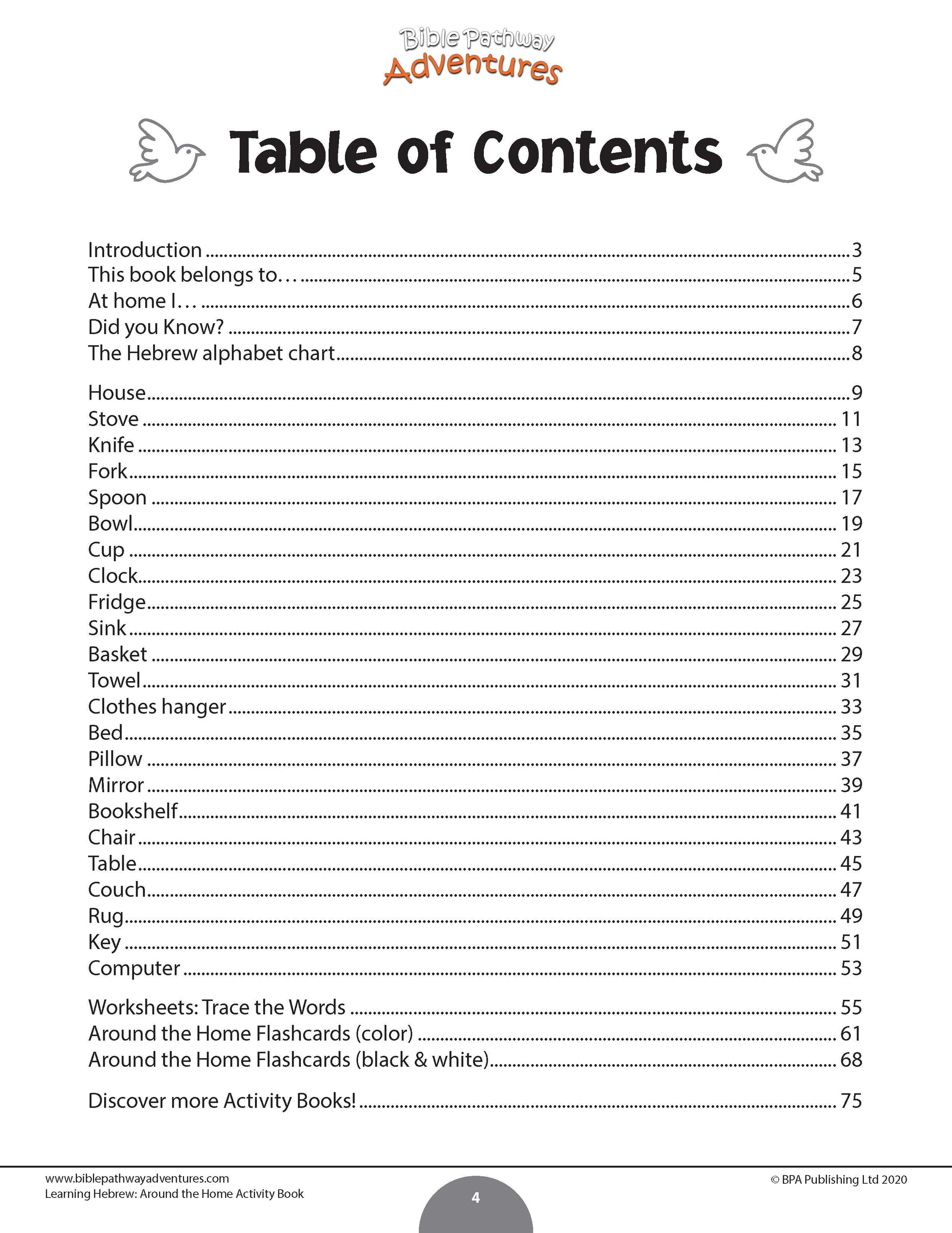 Table of contents for a book titled 'Learning Hebrew Around the Home' with a white background.