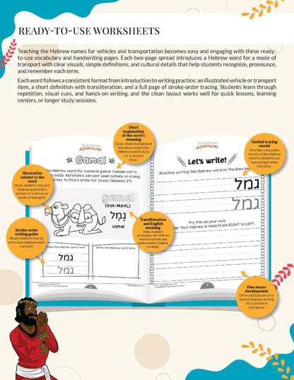 Educational worksheet for teaching Hebrew names of vehicles and transportation with illustrations and text.