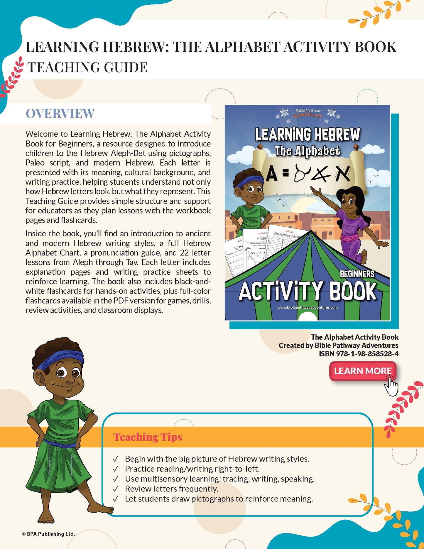 Teaching guide for 'Learning Hebrew: The Alphabet Activity Book' with cover image and text.