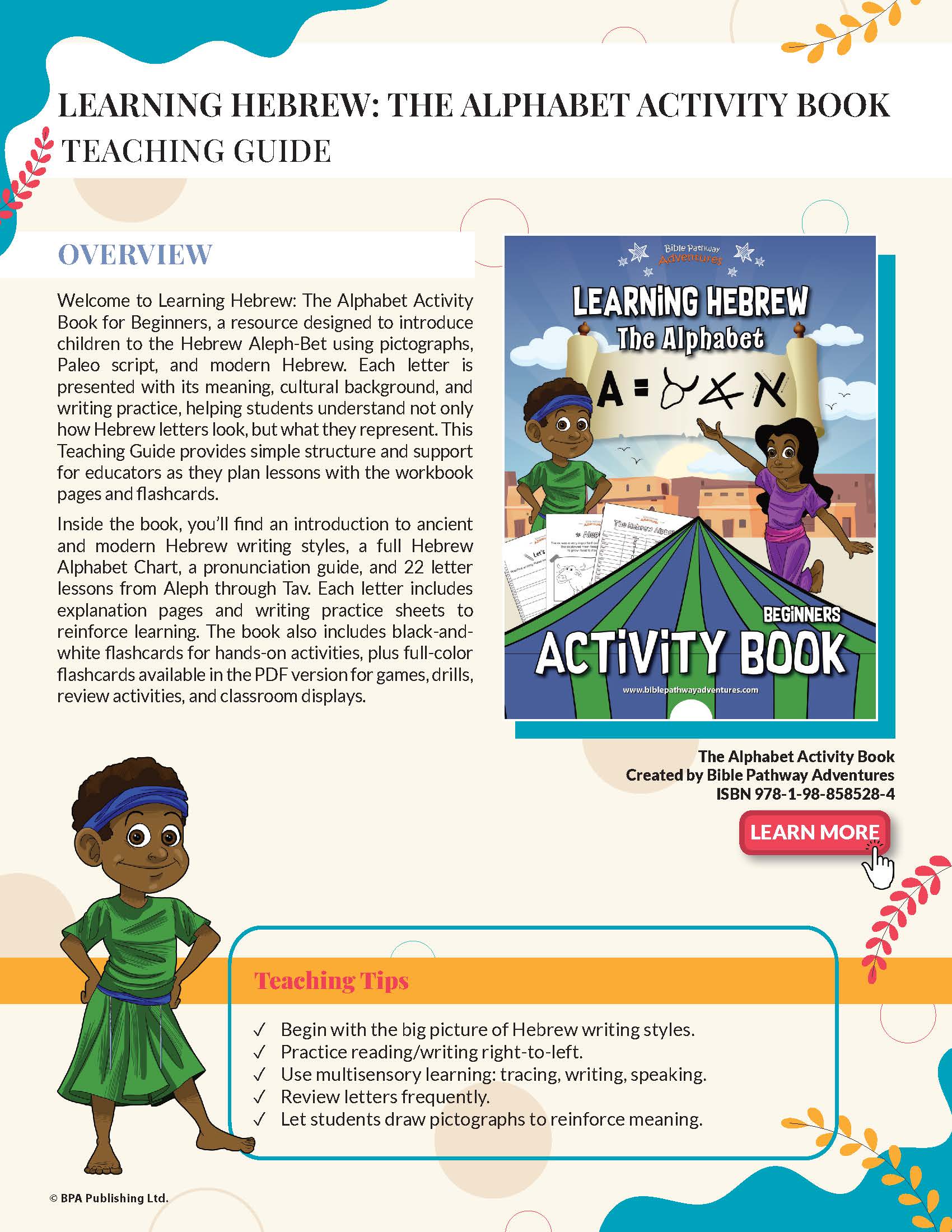 Teaching guide for 'Learning Hebrew: The Alphabet Activity Book' with cover image and text.