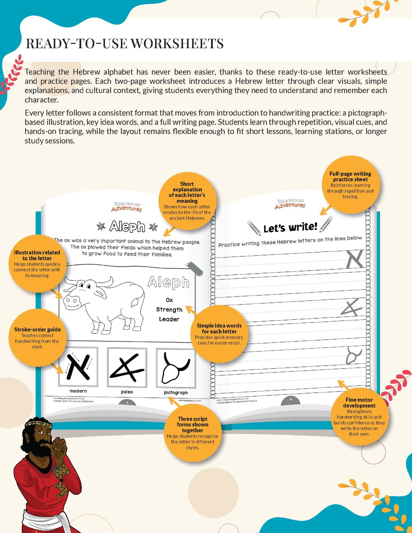 Hebrew alphabet worksheet with illustrations and text on a colorful background for 'Learning Hebrew: The Alphabet Activity Book'