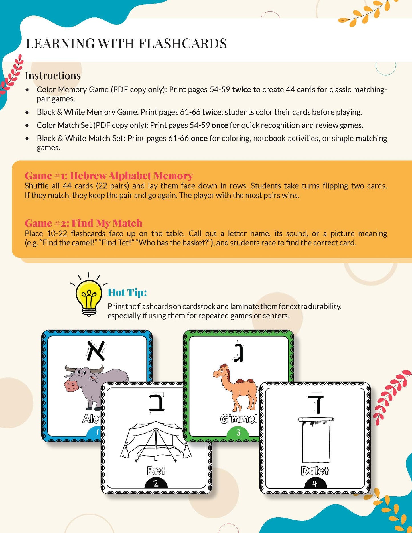 Flashcard set for Hebrew Alphabet Memory game with instructions on a colorful background.