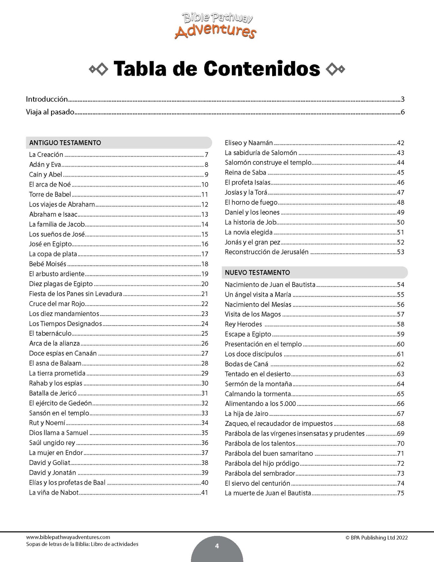 A printed or digital table of contents page titled 'Japó Adventures' with Spanish text, showing sections introducción, viaje al pasado, antiguo testamento, nuevo testamento, and an index, on a white background.